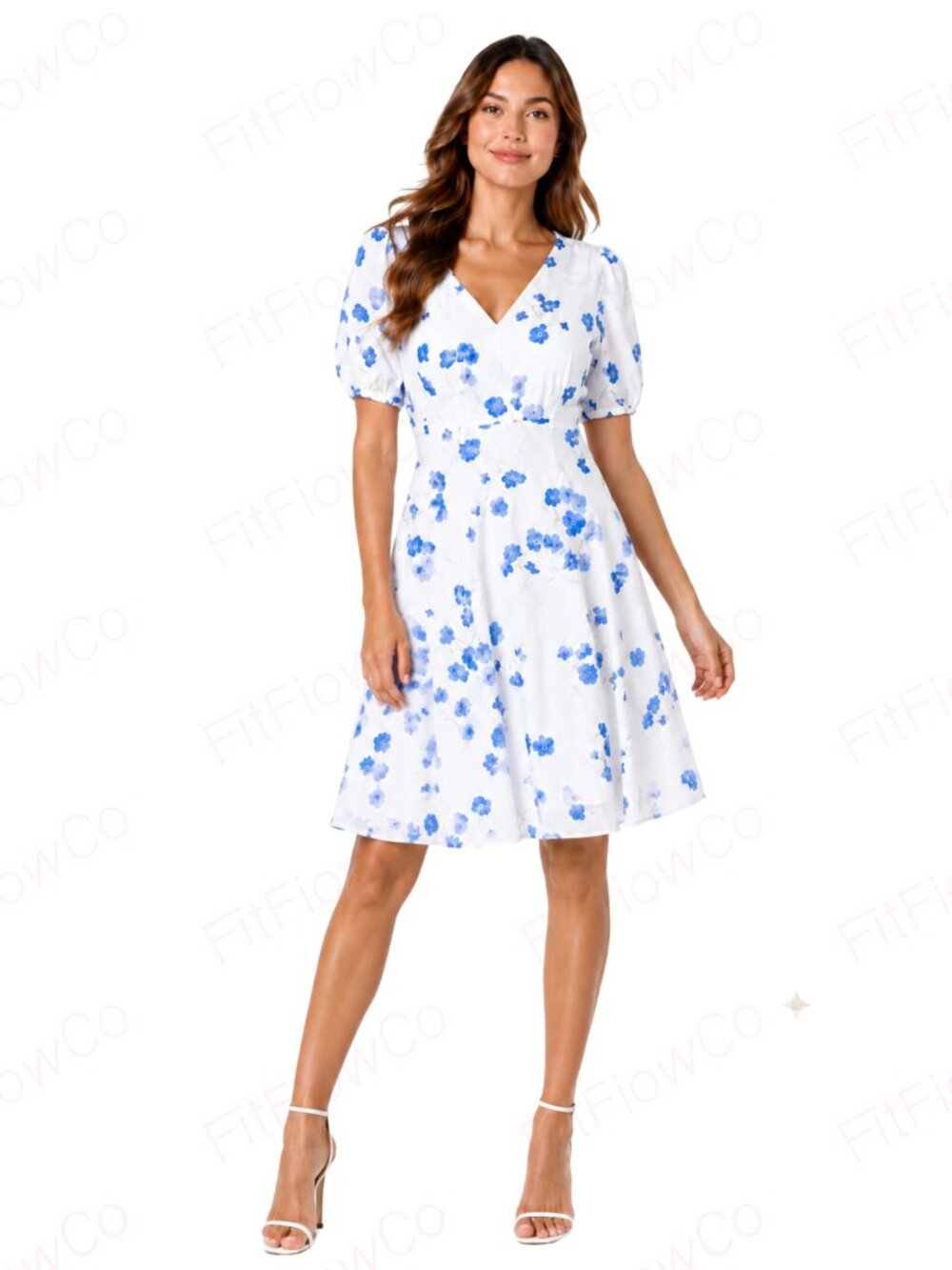 Calvin Klein White Blue Floral Puff Sleeve Fit & Flare Dress Size 2